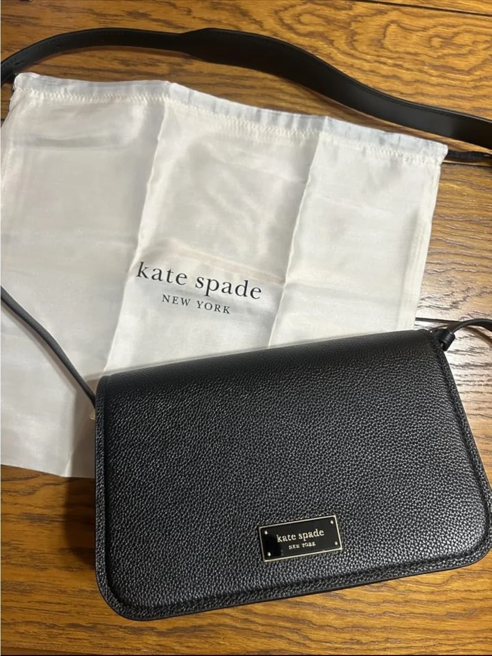 kate spade Black Pebbled Leather Liv Crossbody with Gold Plaque - New
